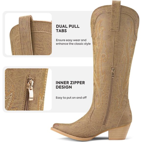 Women's Tan Embroidered Knee-High Western Boots Pointy Toe with Chunky Heel - Picture 2 of 5